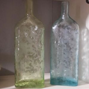 Vintage Blue & Green Apothecary Bottles with Satin Splash Vase